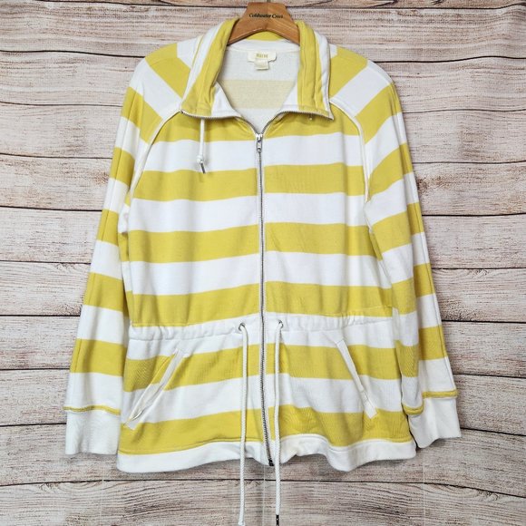 Anthropologie Maeve Elmira Yellow White Striped Jacket Sweater Size Small Pocket - Picture 1 of 16